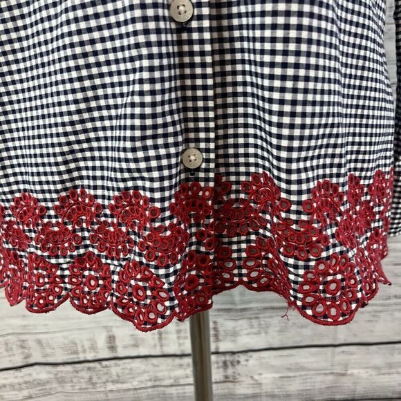 Tommy Hilfiger Blouse size Extra Small Navy Blue White Gingham Red Eyelet Casual - Picture 7 of 13